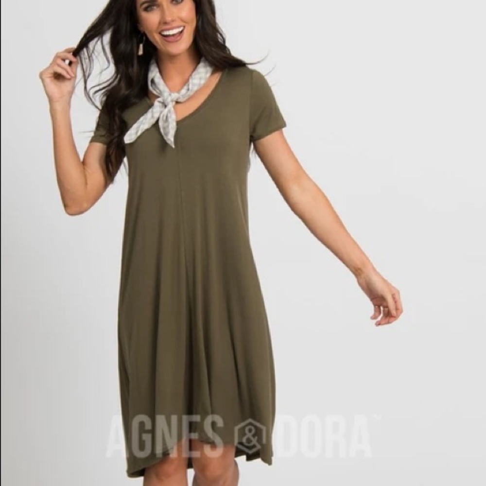 Agnes and Dora olive v neck dress